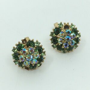 Vintage Signed Trifari Green Aurora Borealis AB Dome Rhinestone Clip-On Earrings